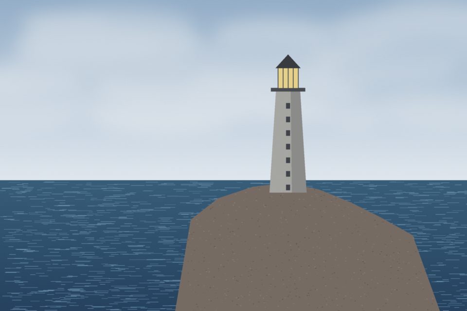 Vinga fyr, ett grått stentorn på en kal klippa, med öppet hav bakom.